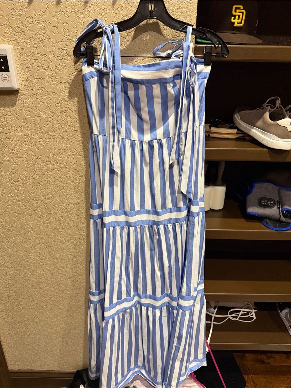 Aura Blue and White Striped Tie-Shoulder Tiered Sundress